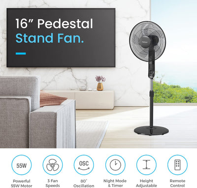 Pro Breeze 16-Inch Pedestal Fan with Remote Control and LED Display - 4 Operational Modes - 80° Oscillation - Adjustable Height & Pivoting Fan Head