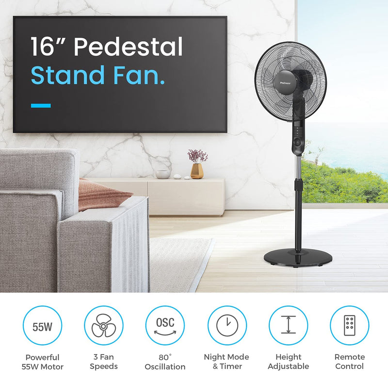 Pro Breeze 16-Inch Pedestal Fan with Remote Control and LED Display - 4 Operational Modes - 80° Oscillation - Adjustable Height & Pivoting Fan Head