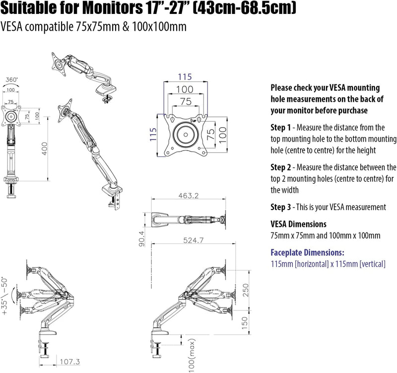 Invision PC Monitor Arm, Gas Powered Desktop Clamp Mount for 17–27” Screens Adjustable Tilt Swivel VESA 75mm & 100mm Weight 2kg to 6.5kg (MX150)