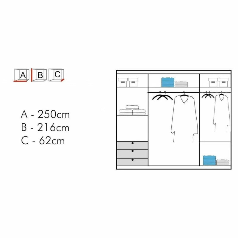 Chicago 3 Door Sliding Door Wardrobe 250cm in 6 colours