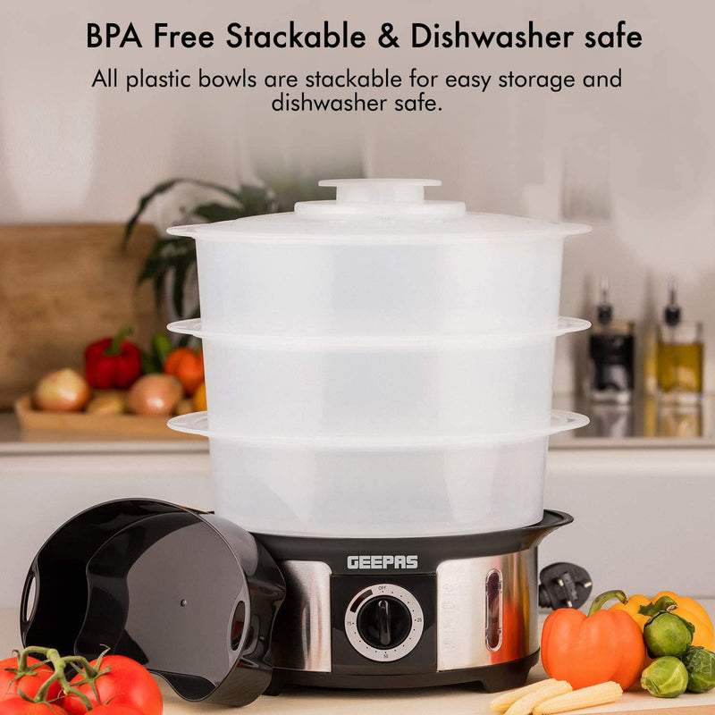 Geepas 3-Tier Food Steamer, 12L Capacity Electric Vegetable Steamer with BPA Free Removable Baskets for Healthy Steam Cooking