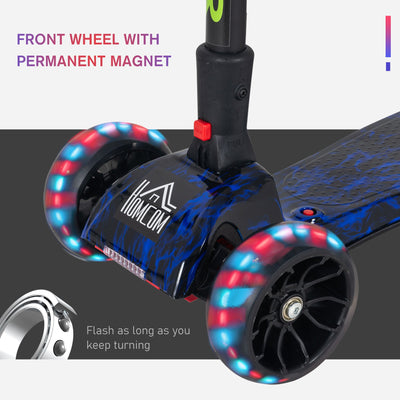 HOMCOM Kids 3 Wheel Kick Scooter Adjustable Height w/ Flashing Wheels Music Water Spray Foldable Design Cool On Off Road Vehicle Blue