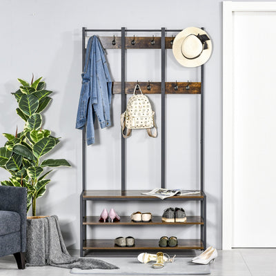 Industrial Coat Rack Shoe Bench Hall Tree Entryway Clothes Storage Shelf with Hook