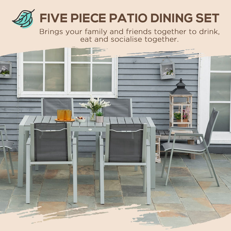 Outsunny 7 Pieces Garden Dining Set, Outdoor Table and 6 Armchairs, Aluminium Frame Slatted Wood Grain Plastic Top Table Mesh Fabric Seats Light Grey