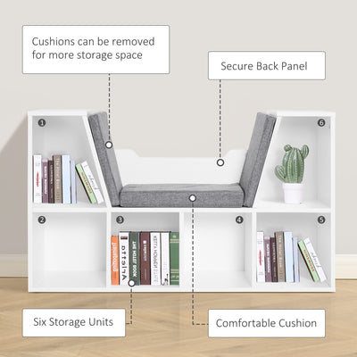 HOMCOM Bookcase Shelf Storage Seat with Cushion Sideboard Kids Children Reading Bedroom Living Room Organizer White