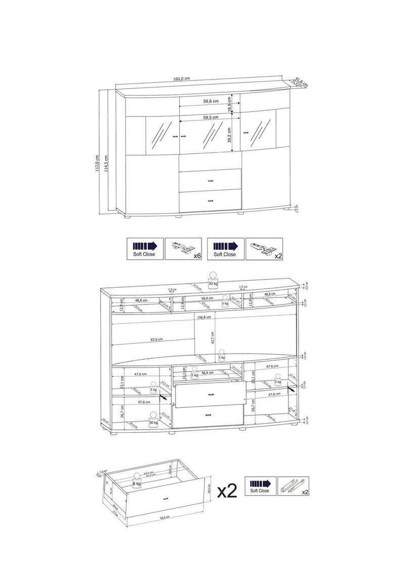 Delanes Sideboard Display Cabinet 160cm