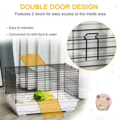 PawHut Indoor Small Animal Cage with Wood Floor, Bunny Guinea Pig House with Removable Tray, 61.5 x 38 x 40 cm, White