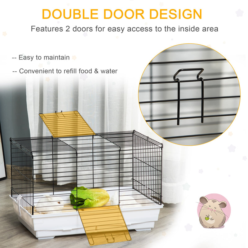 PawHut Indoor Small Animal Cage with Wood Floor, Bunny Guinea Pig House with Removable Tray, 61.5 x 38 x 40 cm, White