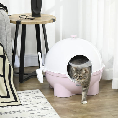 PawHut Large Cat Litter Box, Hooded Cat Litter Tray with Lid, Scoop, Top Handle, Front Entrance, 53 x 51 x 48cm - Pink