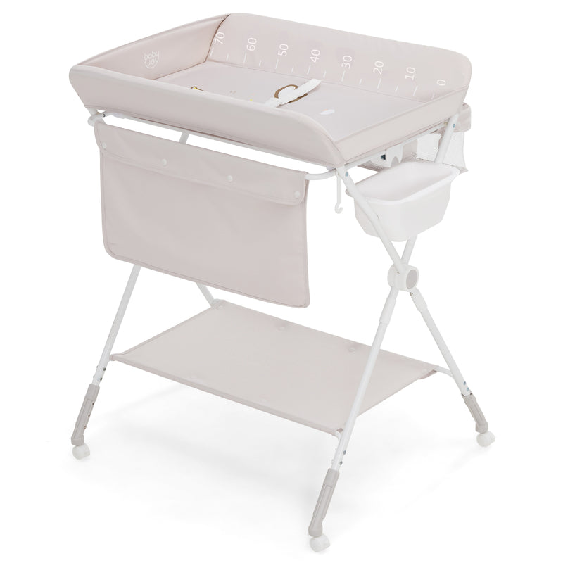 Foldable Baby Changing Table with Water Basin Basket and Wheels-Beige