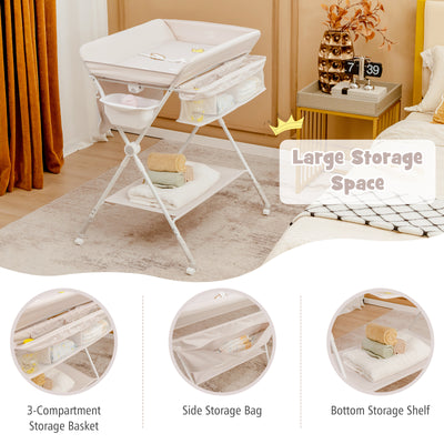 Foldable Baby Changing Table with Water Basin Basket and Wheels-Beige