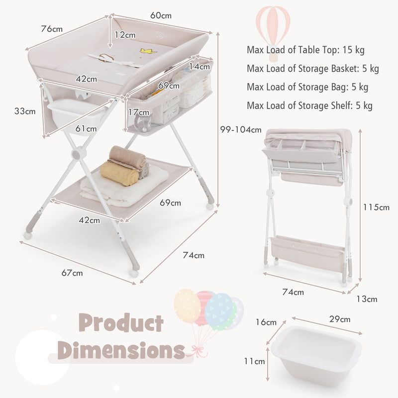 Foldable Baby Changing Table with Water Basin Basket and Wheels-Beige