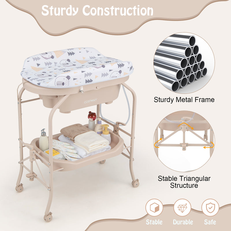 2-in-1 Baby Change Table with Bathtub and Folding Changing Station-Beige