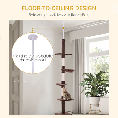 Árbol para gatos PawHut de piso a techo para gatos de interior, torre para gatos de 5 niveles, centro de actividades para escalar, poste rascador, altura ajustable de 230 a 260 cm, color marrón