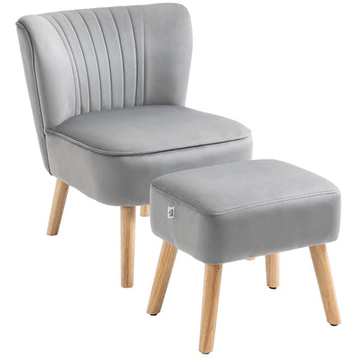 Velvet-Feel Tub Chair And Footstool - Grey