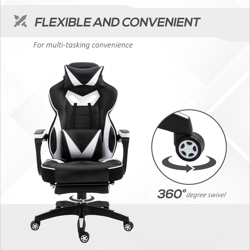 Vinsetto Ergonomic Racing Gaming Chair Office Desk Chair Adjustable Height Recliner with Wheels, Headrest, Lumbar Support, Retractable Footrest White