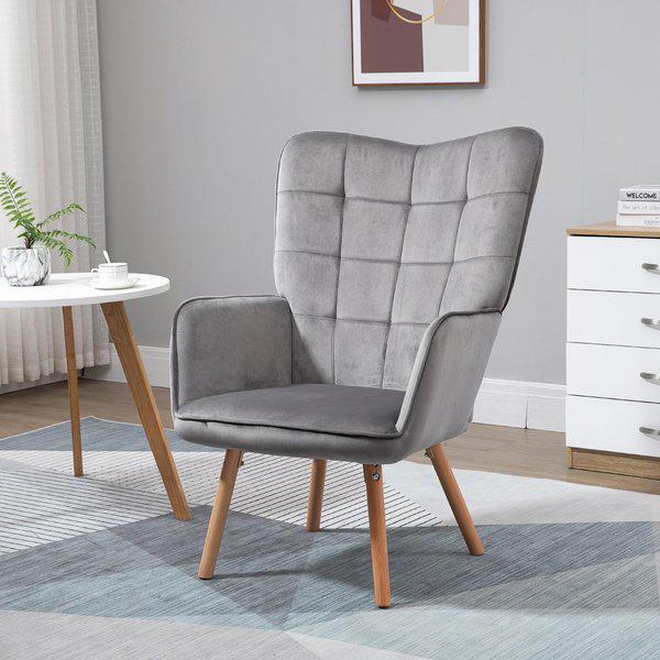 Accent Chair VelvetTufted Wingback Armchair Club With Wood Legs - Grey