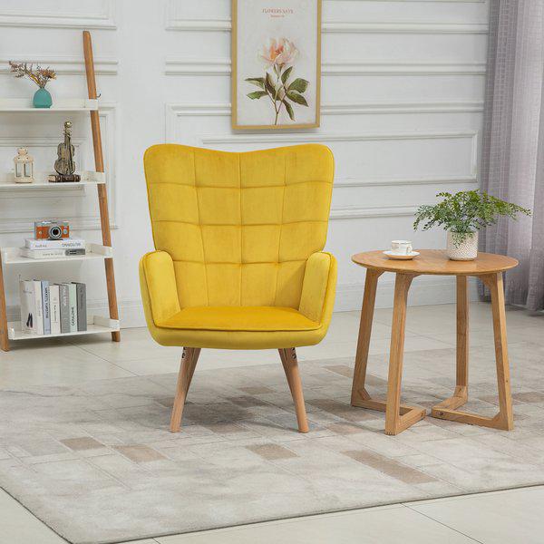 Accent Chair VelvetTufted Wingback Armchair Club With Wood Legs - Yellow