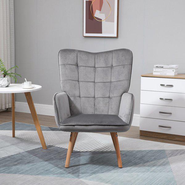 Accent Chair VelvetTufted Wingback Armchair Club With Wood Legs - Grey