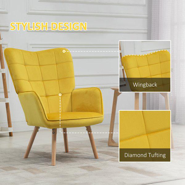 Accent Chair VelvetTufted Wingback Armchair Club With Wood Legs - Yellow