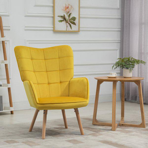 Accent Chair VelvetTufted Wingback Armchair Club With Wood Legs - Yellow