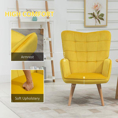 Accent Chair VelvetTufted Wingback Armchair Club With Wood Legs - Yellow