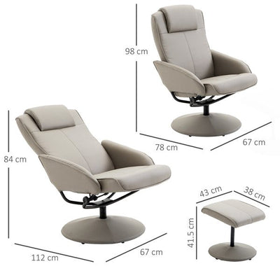 Adjustable Recliner Chair PU Leather Reclining Armchair With Footstool Grey