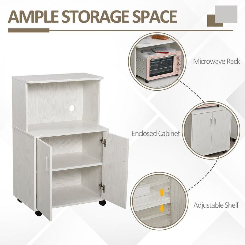 HOMCOM Microwave Cart on Wheels Utility Trolley Storage Sideboard Bookcase with 2-door Cabinet, 97H x 60.4W x 40.3Dcm, White