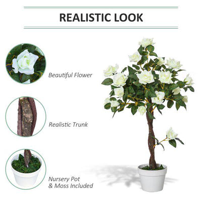 Artificial Camellia Plant Realistic Fake Tree Potted - Home Office 90cm White