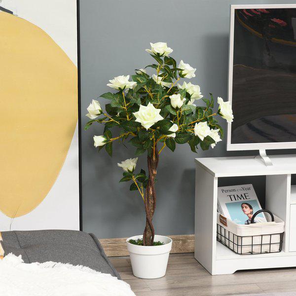 Artificial Camellia Plant Realistic Fake Tree Potted - Home Office 90cm White