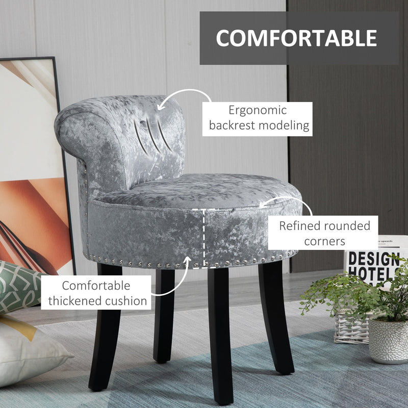 HOMCOM Dressing Table Stool with Rubber Wood Legs Ice Velvet Makeup Seat Dressing Chair for Living Room Dressing Room Bedroom, Grey