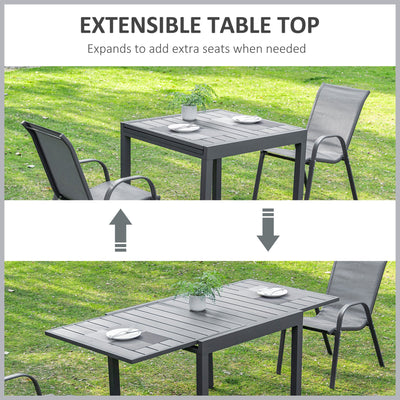 Outsunny Extendable Dining Table Outdoor Slat Table for 4-6 Person Rectangular Lawn Garden Bistro Patio Table with Aluminium Frame, Grey