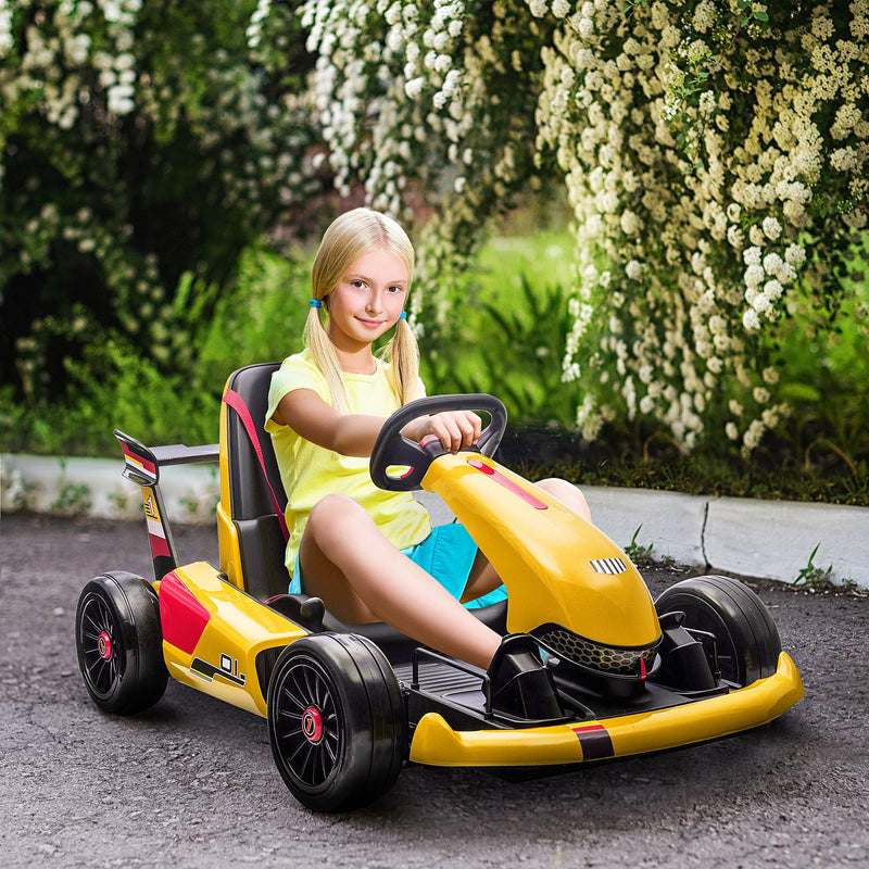 HOMCOM Electric Go Kart with Adjustable Footrest, Reversing Steering Wheel, Kids Ride-On Racing Go Kart with 12V Rechargeable Battery 2 Speeds Yellow