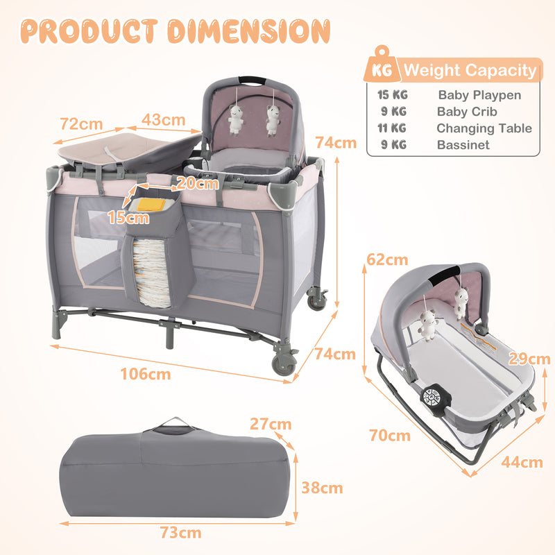 5-in-1 Folding Baby Playard with Removable Bassinet and Changing Table-Light Pink