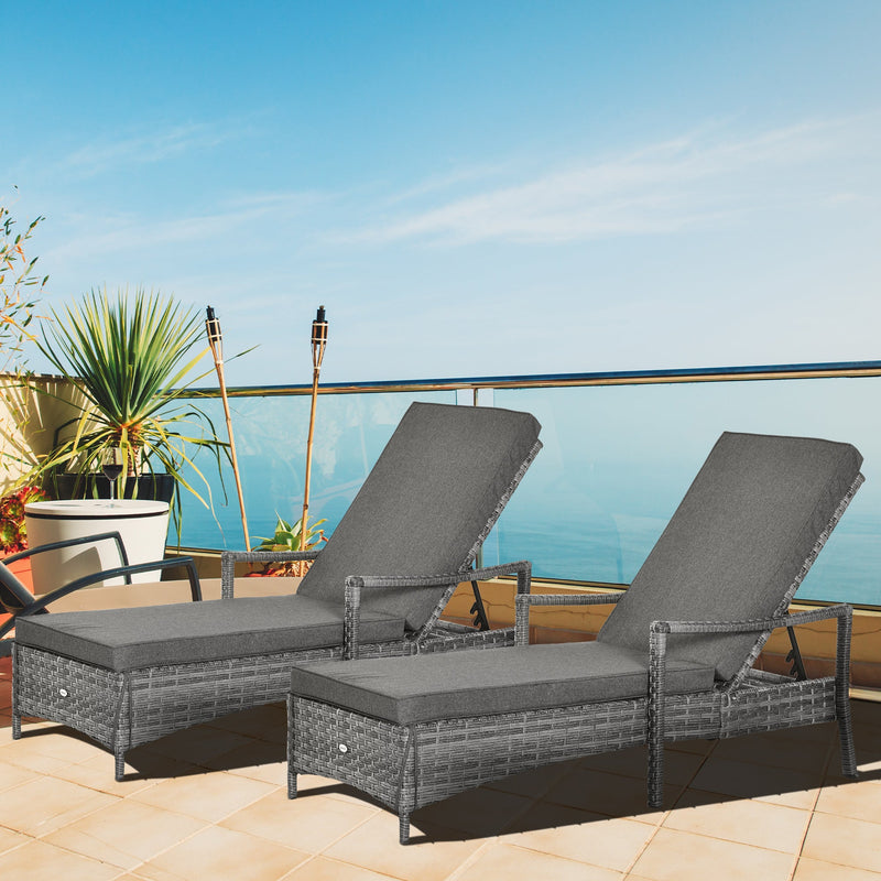 Outsunny PE Rattan Sun Loungers set of 2 with Cushion, Outdoor 2 Pieces Garden Sunbed Furniture with 4-Level Recliner Backrest, and Armrest, Grey