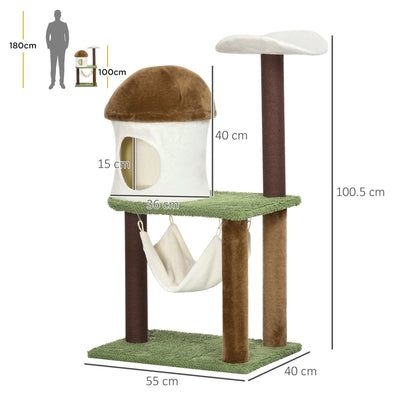 PawHut 100cm Cat Tree, Kitty Activity Center with Mushroom-shaped Condo, Cat Tower with Sisal Scratching Post, Hammock, Green