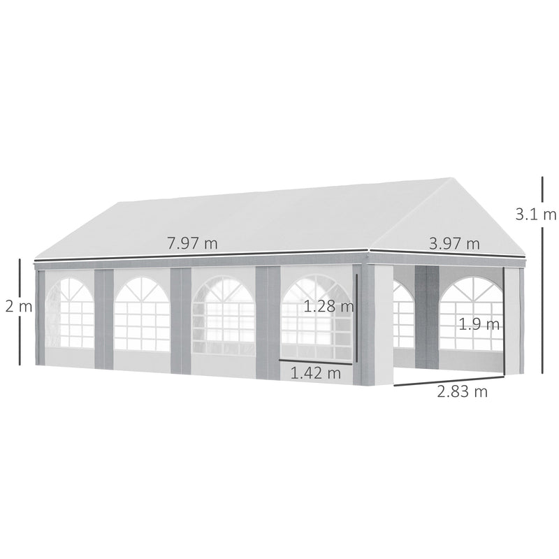 Carpa galvanizada para fiestas Outsunny de 8 x 4 m, cenador con laterales, ocho ventanas y puertas dobles, para fiestas, bodas y eventos