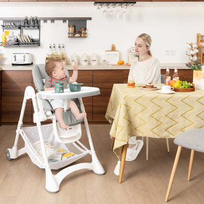 Baby High Chair with Detachable PU Cushion and Lockable Wheels-Grey