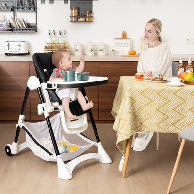 Baby High Chair with Detachable PU Cushion and Lockable Wheels-Black