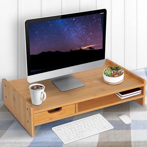 Bamboo Desktop/Monitor Riser W/ Drawer, 49Lx25.5Wx11.5H Cm