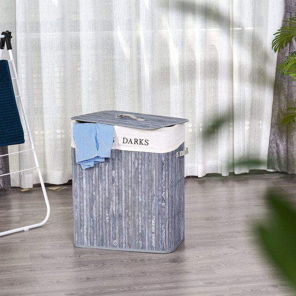 Bamboo Duo-Compartment Laundry Basket Grey