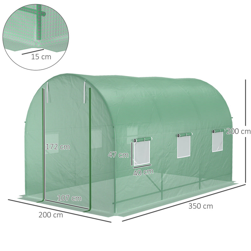 Outsunny 3.5 x 2 x 2 m Polytunnel Greenhouse, Walk in Pollytunnel Tent with Steel Frame, PE Cover, Roll Up Door and 6 Windows, Green