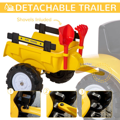 HOMCOM Ride-on Toy Pedal Digger Construction Car with Horn & Detachable Trailer, Yellow