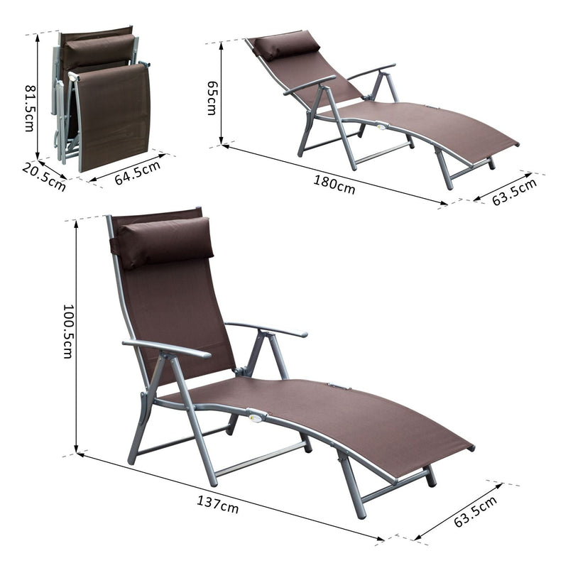 Outsunny Patio Sun Lounger Garden Texteline Foldable Reclining Chair w/ Pillow Outdoor Adjustable Recliner (Brown)