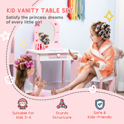 ZONEKIZ Kids Dressing Table Set Kids Vanity Set Girl Makeup Desk with Mirror Stool Drawer Cute Patterns for 3-6 Years Old, Pink