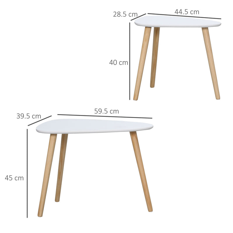 HOMCOM Modern Side Table Set of 2, Triangular Nest of Tables, End Table with Solid Wood Legs, for Living Room Bedroom, White