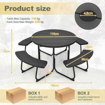 8-person Round Picnic Table Bench Set with 4 Benches and Umbrella Hole-Black