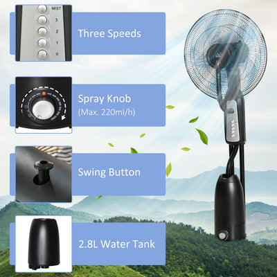 HOMCOM Pedestal Fan with Water Mist Spray, Standing Fan, Humidifying Misting Fan with 3 Speeds, 2.8L Water Tank, Black