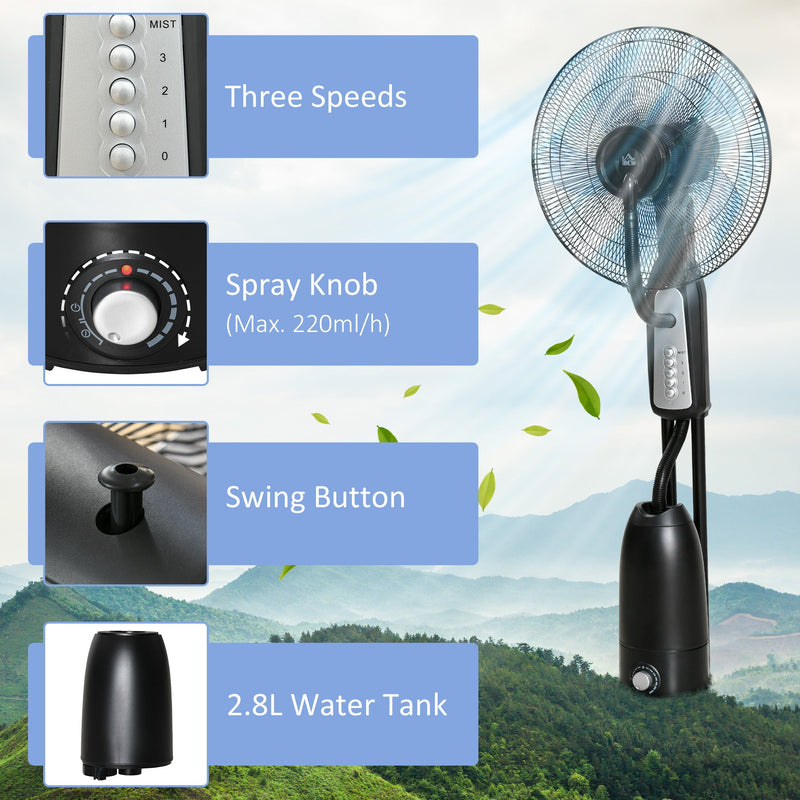 HOMCOM Pedestal Fan with Water Mist Spray, Standing Fan, Humidifying Misting Fan with 3 Speeds, 2.8L Water Tank, Black