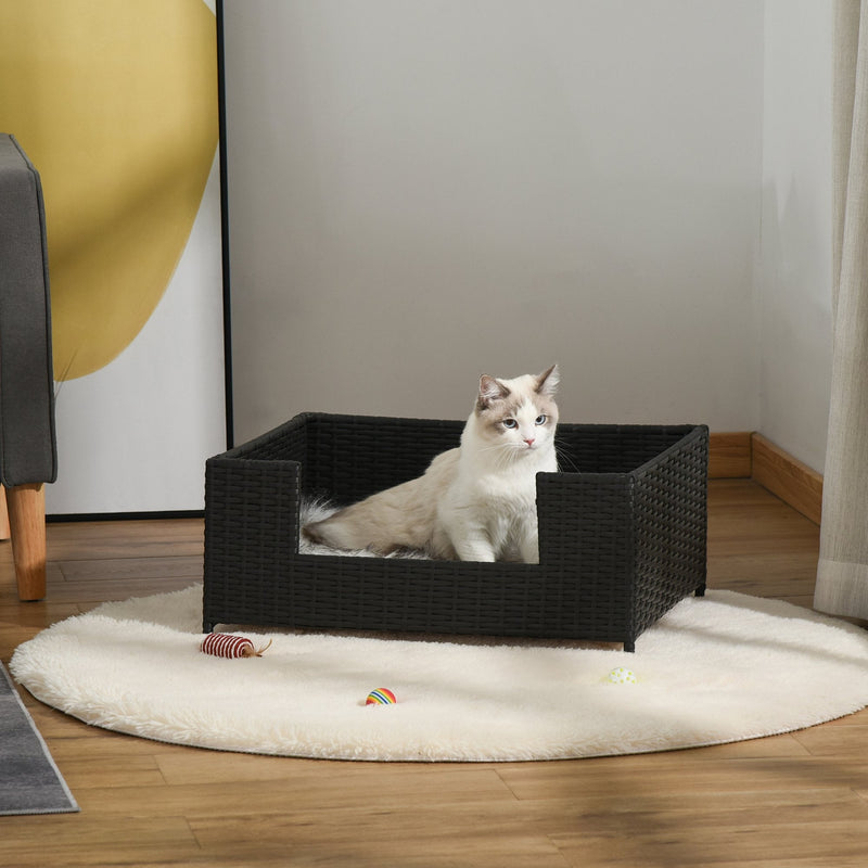 PawHut Rattan Dog Cat Bed Four Feet Pet House Hand-knitted Metal Small Animal Sofa Rattan with Soft Machine Washable Cushion Black 61L x 46W x 27H cm